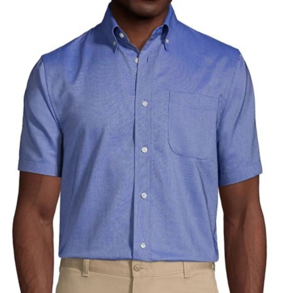 Lands’ End French Blue Short Sleeve No Iron Pinpoint Oxford Traditional Fit Tall - Picture 1 of 12
